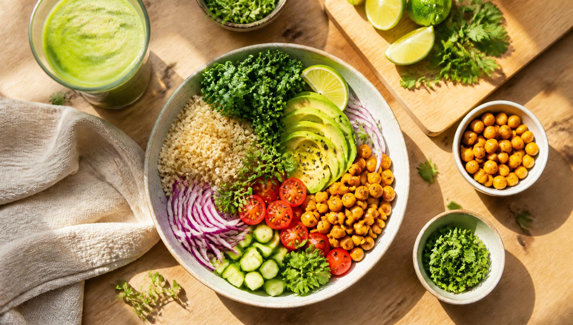 Overhead alkaline vegan bowl with quinoa, kale, avocado, tomatoes and chickpeas